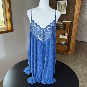 Vintage Dentelle Blue Plissé Nightgown Lace Trim Chemise Babydoll Dress XL